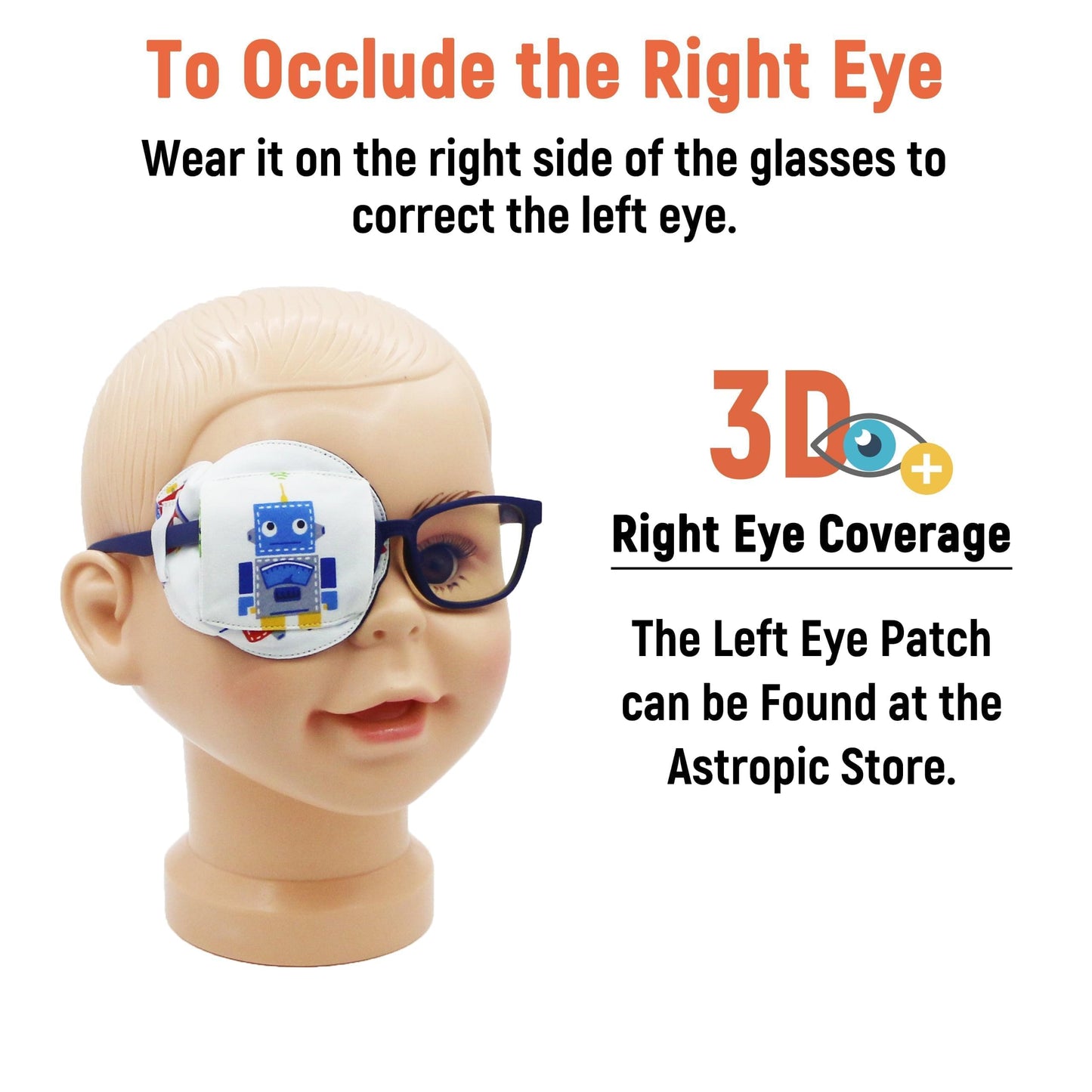 3D Cotton & Silk Eye Patch for Kids Boys Glasses (Blue Robot, Right Eye)