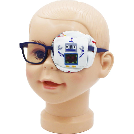 3D Cotton & Silk Eye Patch for Kids Boys Glasses (Gray Robot, Left Eye)