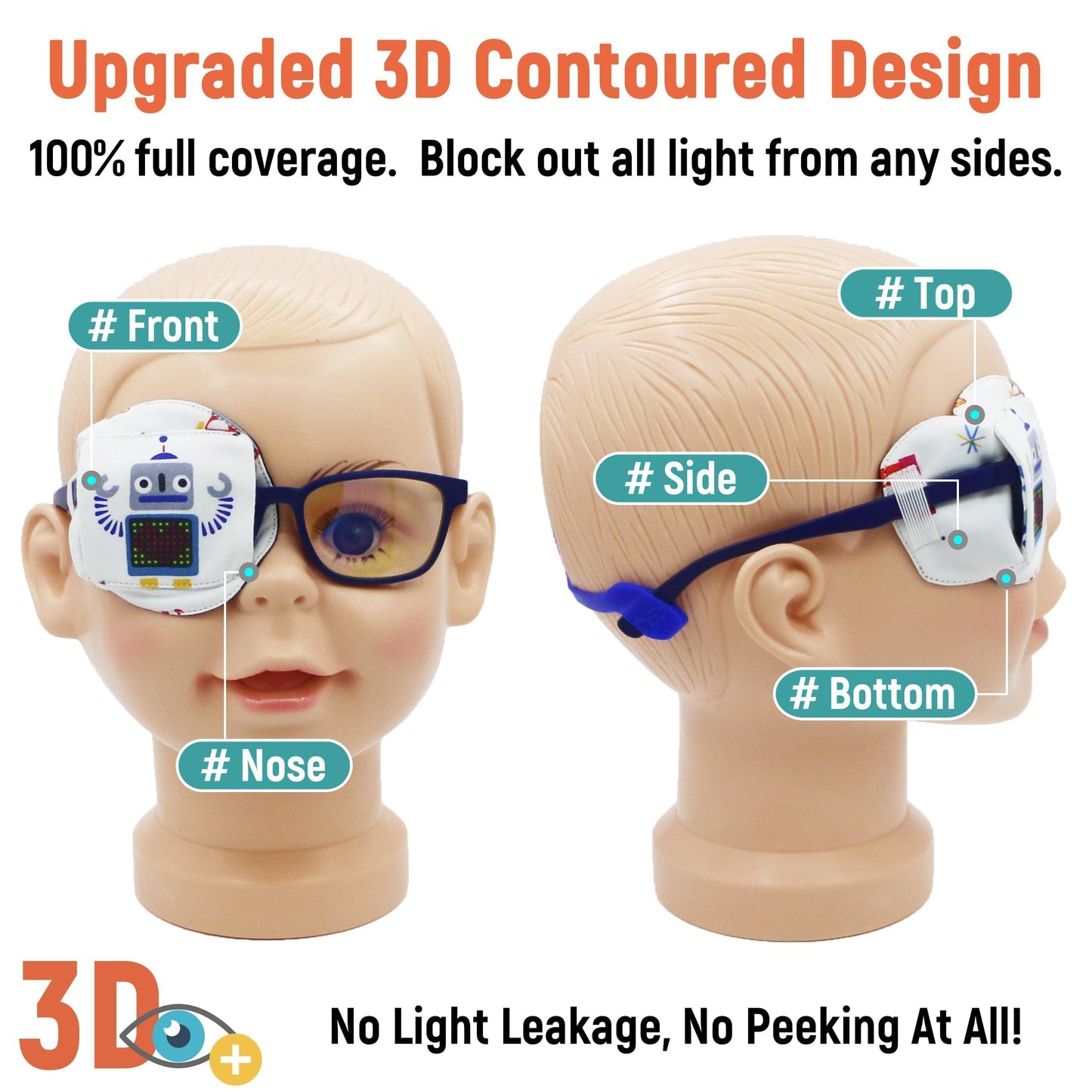 3D Cotton & Silk Eye Patch for Kids Boys Glasses (Gray Robot, Right Eye)