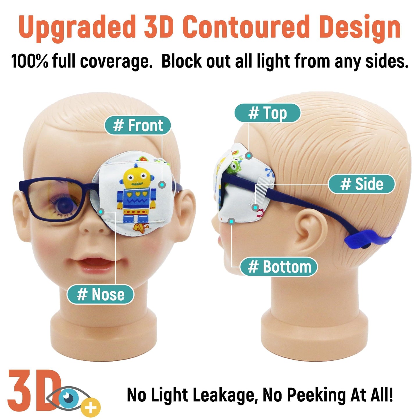 3D Cotton & Silk Eye Patch for Kids Boys Glasses (Yellow Robot, Left Eye)