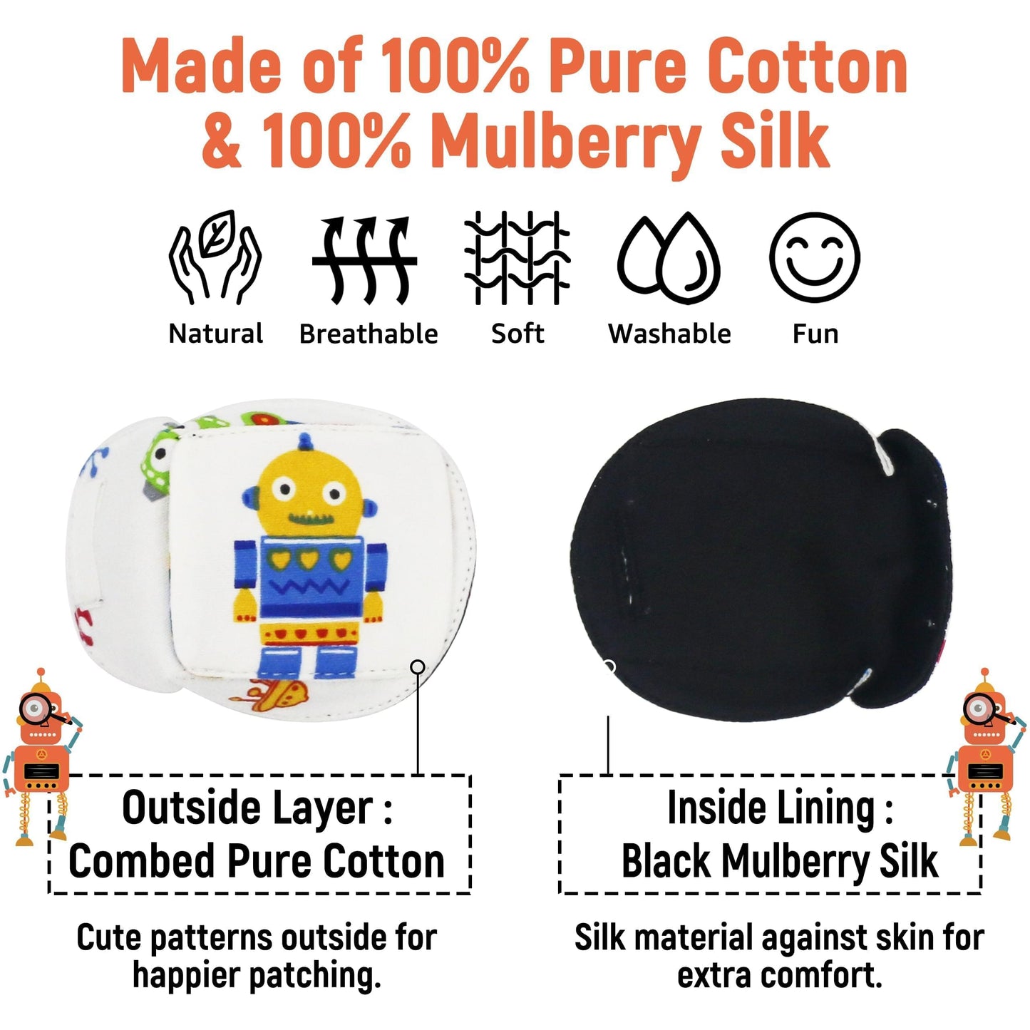 3D Cotton & Silk Eye Patch for Kids Boys Glasses (Yellow Robot, Right Eye)