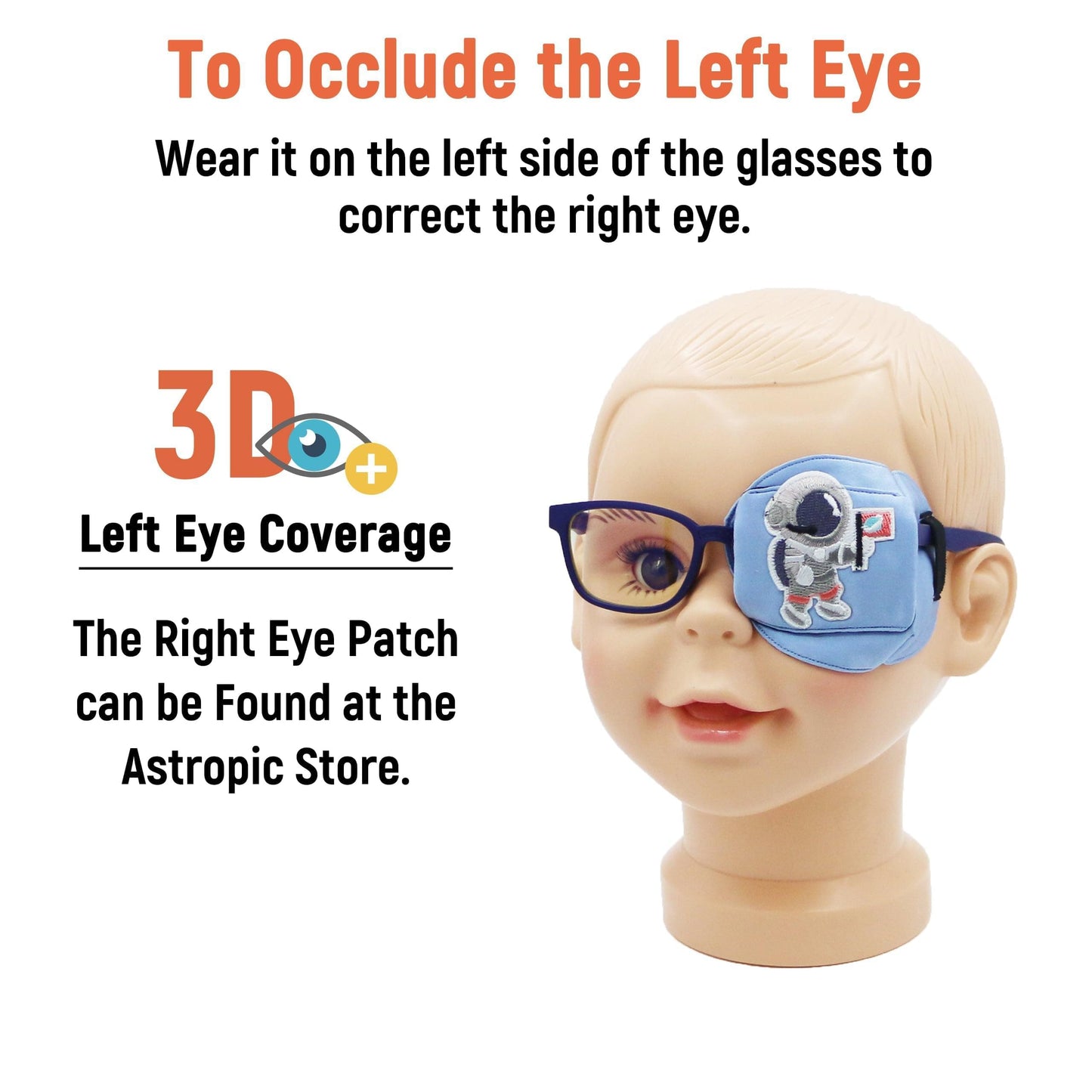 3D Silk Eye Patch for Kids Boys Glasses (Blue Astronaut, Left Eye)