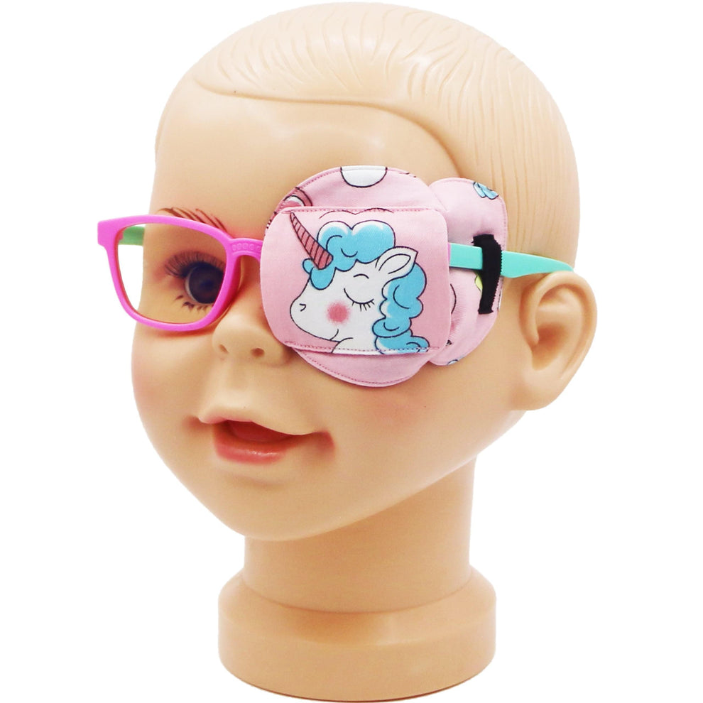 3D Cotton & Silk Eye Patch for Kids Girls Glasses (Blue Hair Unicorn, Left Eye) 