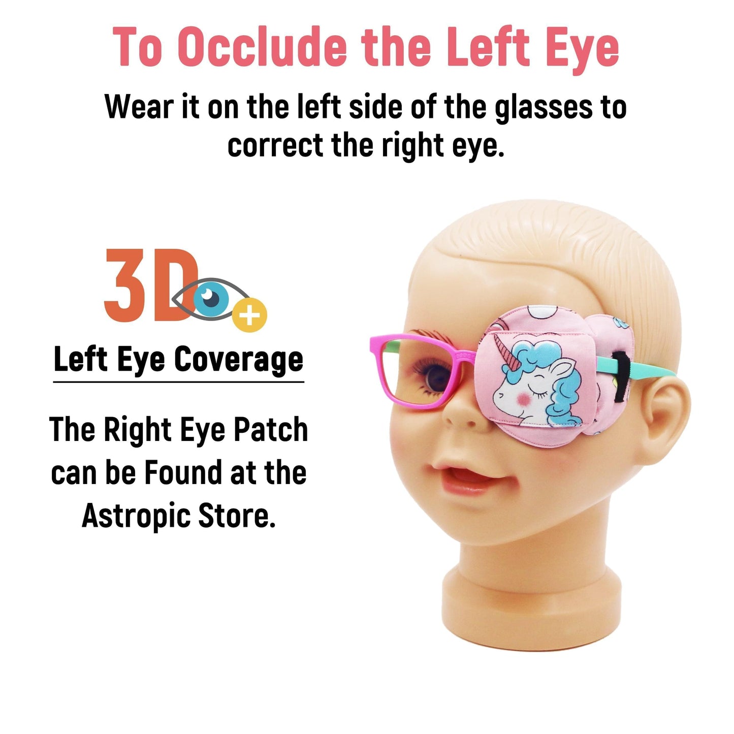 3D Cotton & Silk Eye Patch for Kids Girls Glasses (Blue Hair Unicorn, Left Eye)