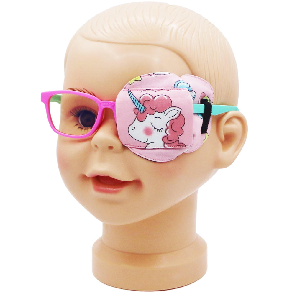 3D Cotton & Silk Eye Patch for Kids Girls Glasses (Pink Hair Unicorn, Left Eye) 