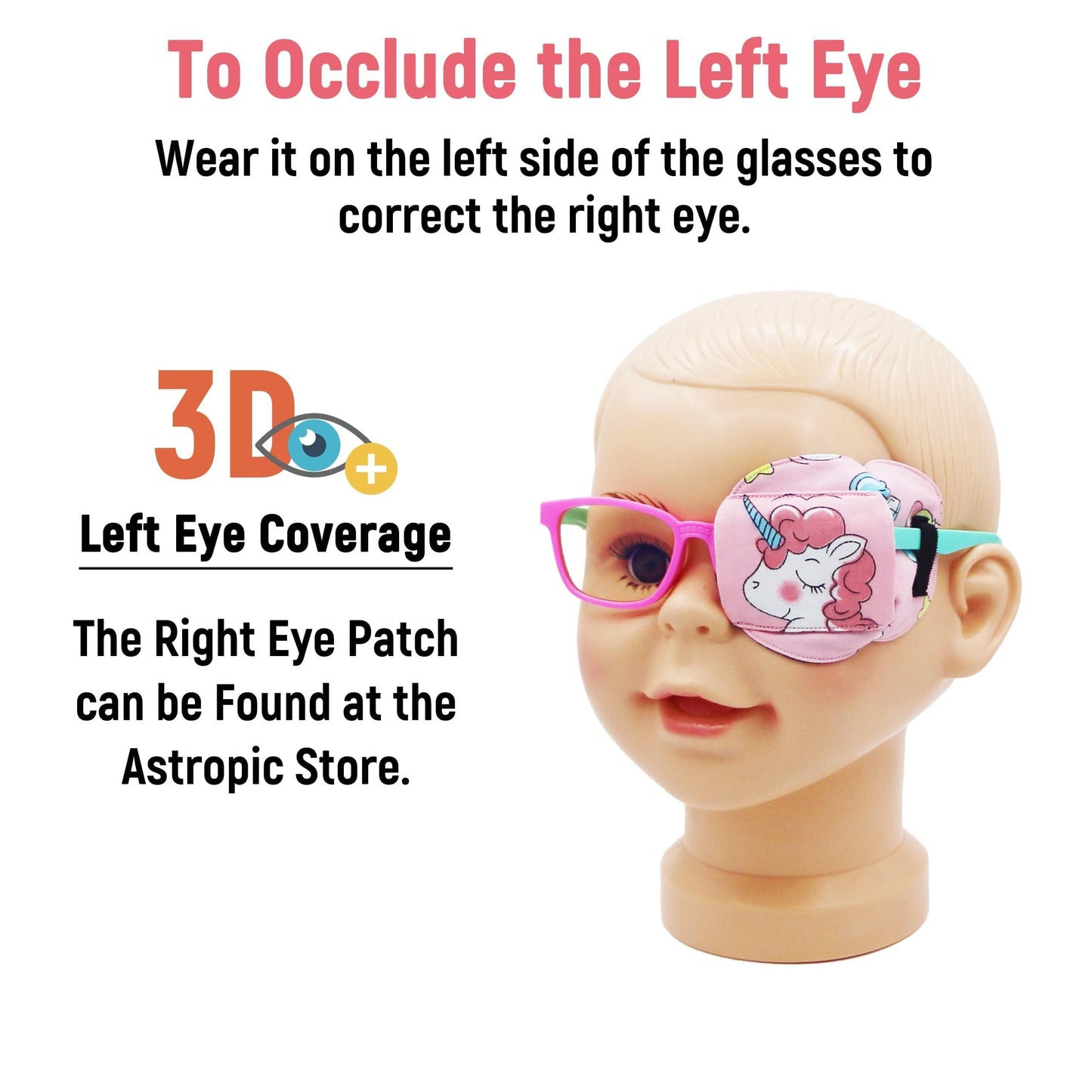 3D Cotton & Silk Eye Patch for Kids Girls Glasses (Pink Hair Unicorn, Left Eye)