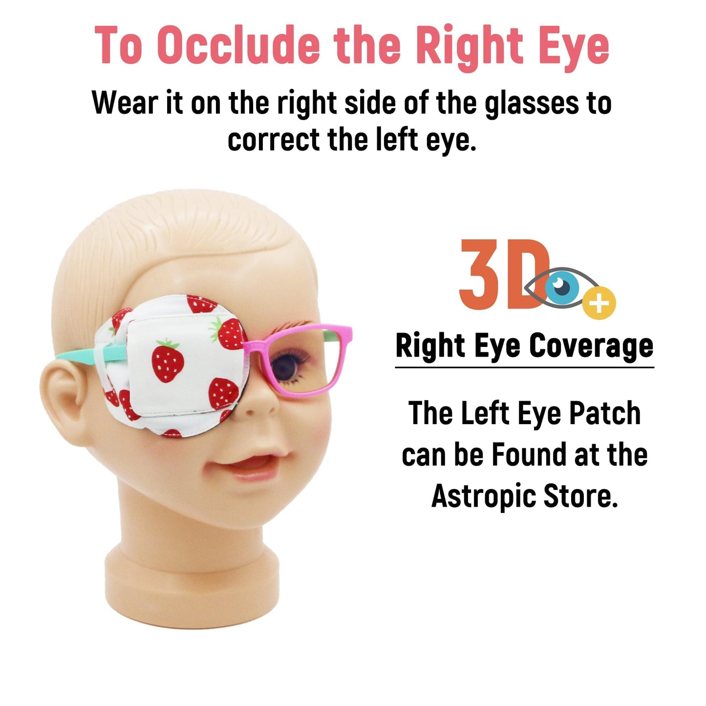 3D Cotton & Silk Eye Patch for Kids Girls Glasses (Strawberry, Right Eye)